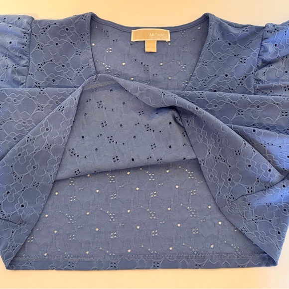 Michael Kors Floral Lace Eyelet Pull Over Blouse Blue Size Large Ruffled Sleeve - Picture 7 of 14